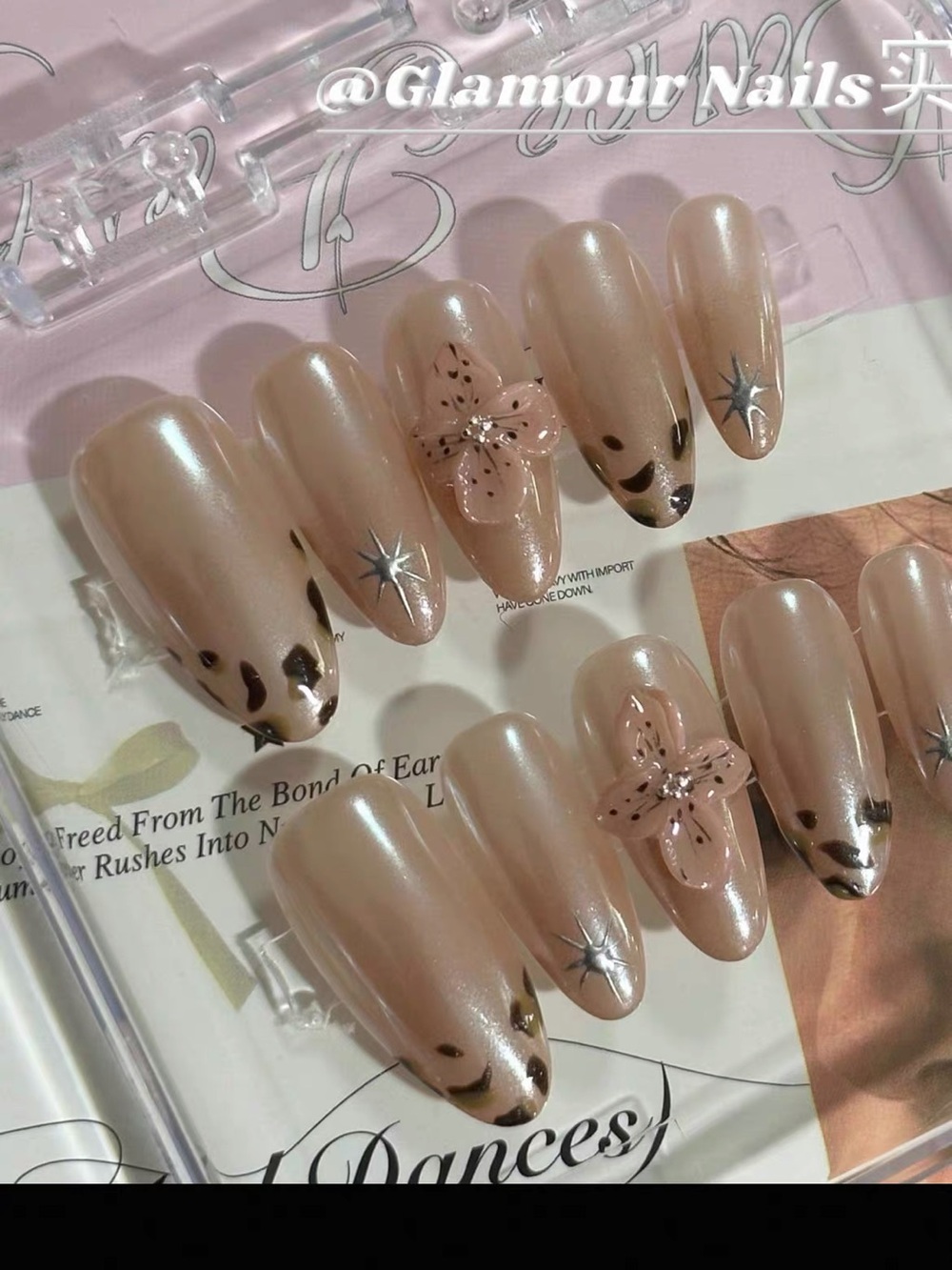 Hand made Sheer Nude Pearl Press-On Nails with Leopard Tips & 3D Flower